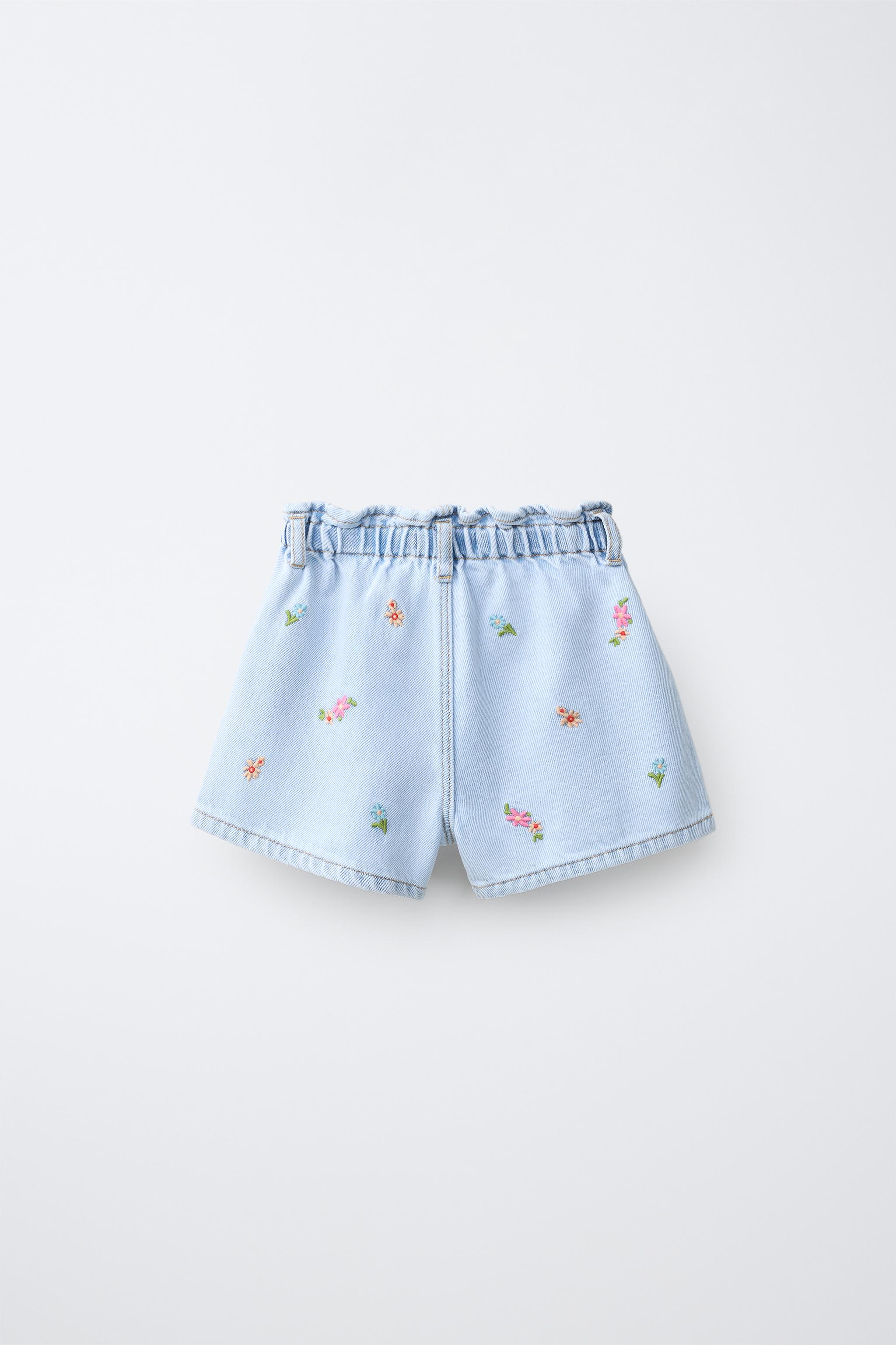 EMBROIDERED FLORAL DENIM PAPERBAG SHORTS